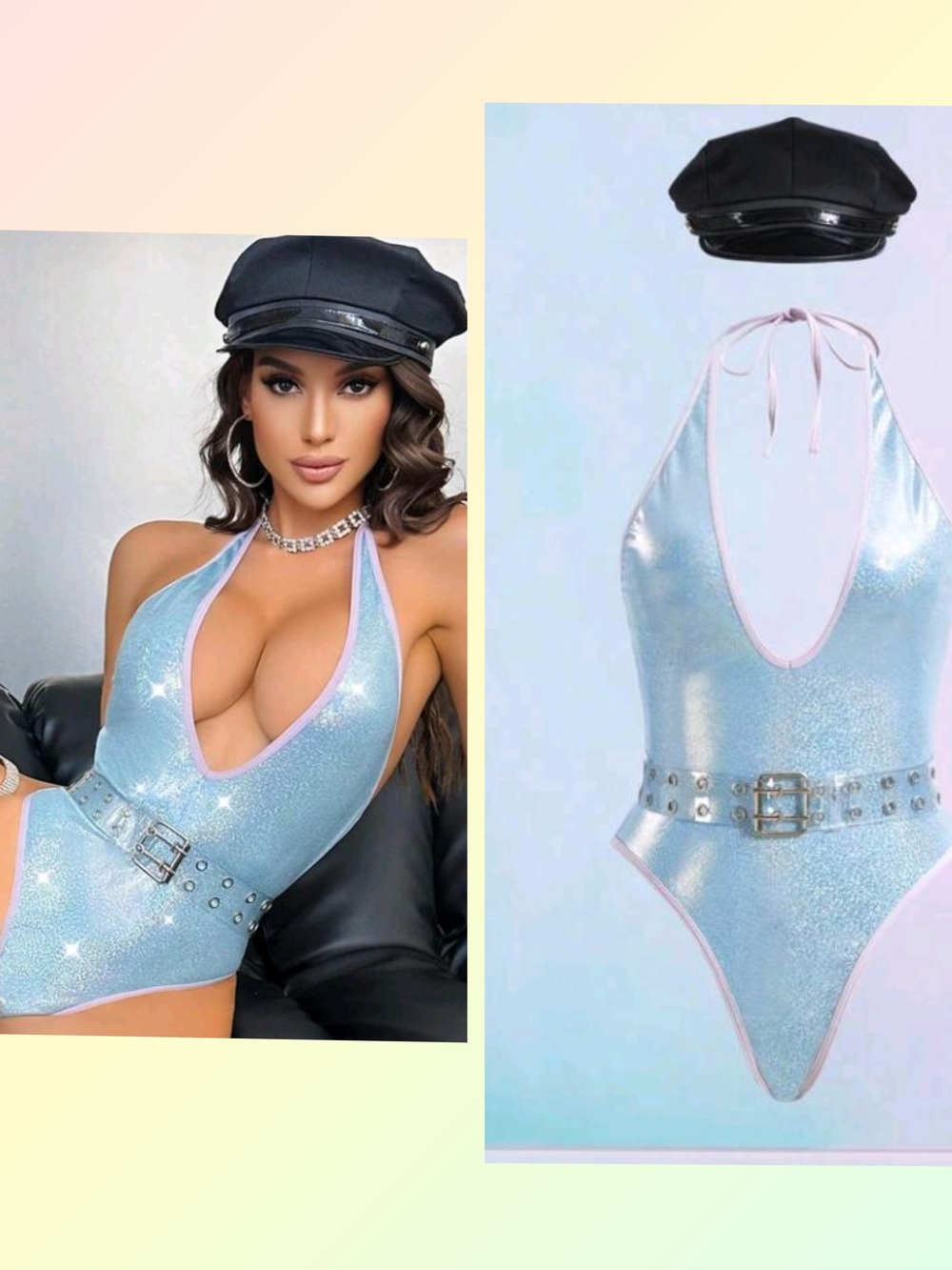Holographic Light Blue Halter Belted One-Piece Lingerie Play Set & Hat